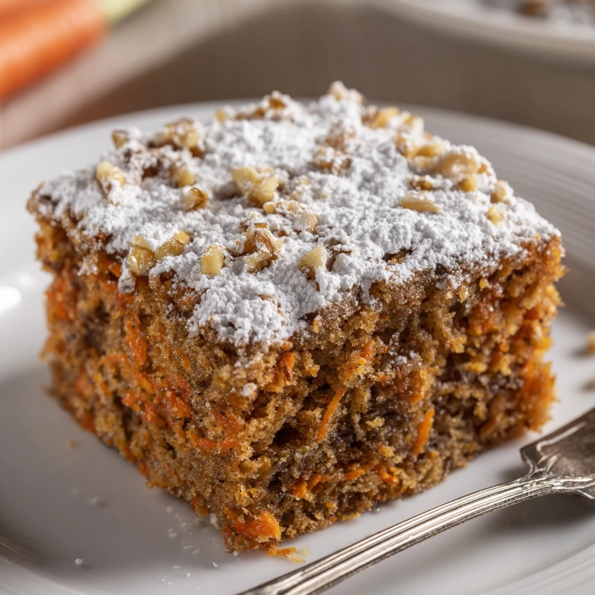 Golden slice of Greek yogurt carrot cake topped with powdered sugar on a white plate