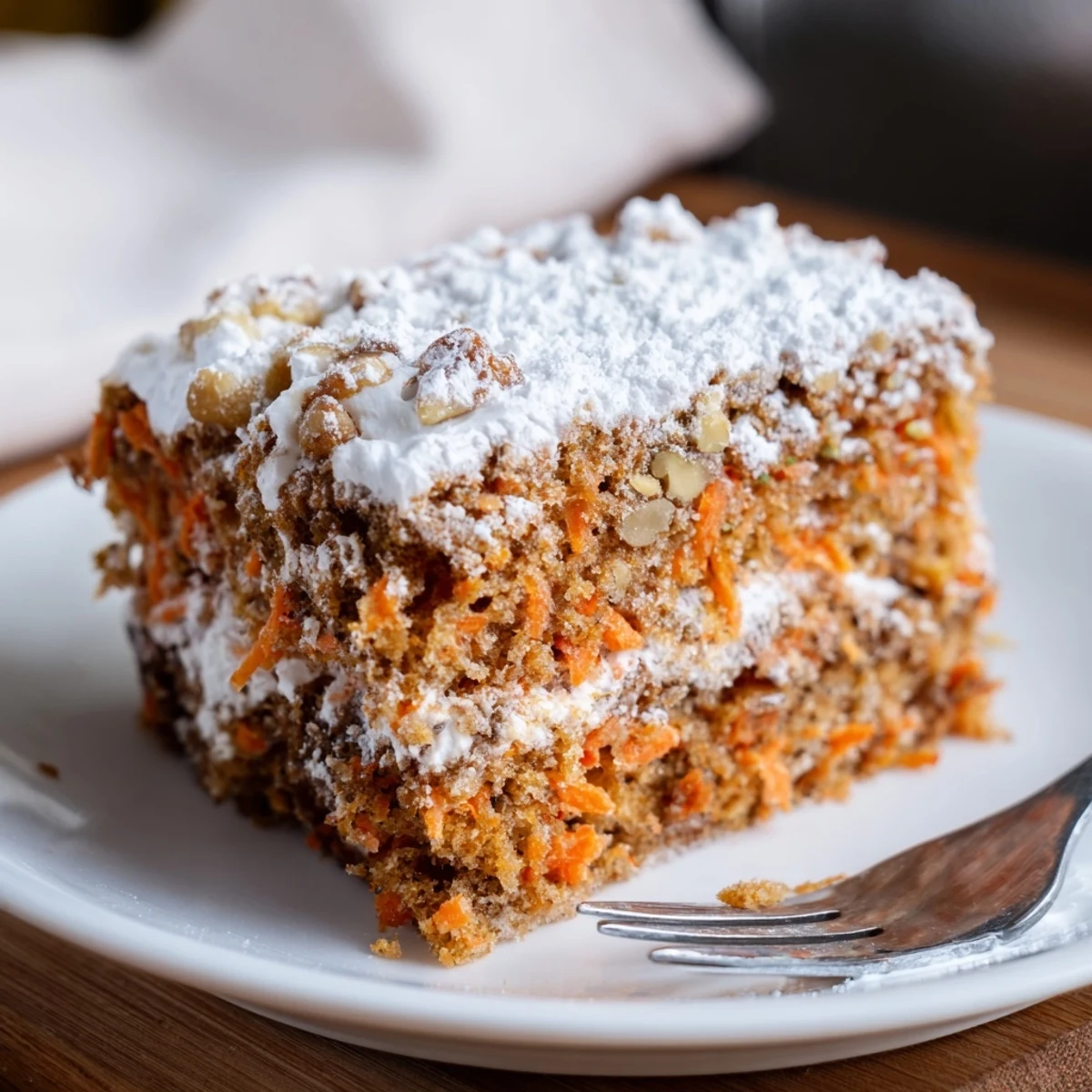 Moist Greek yogurt carrot cake with visible grated carrots and walnuts in a square baking pan