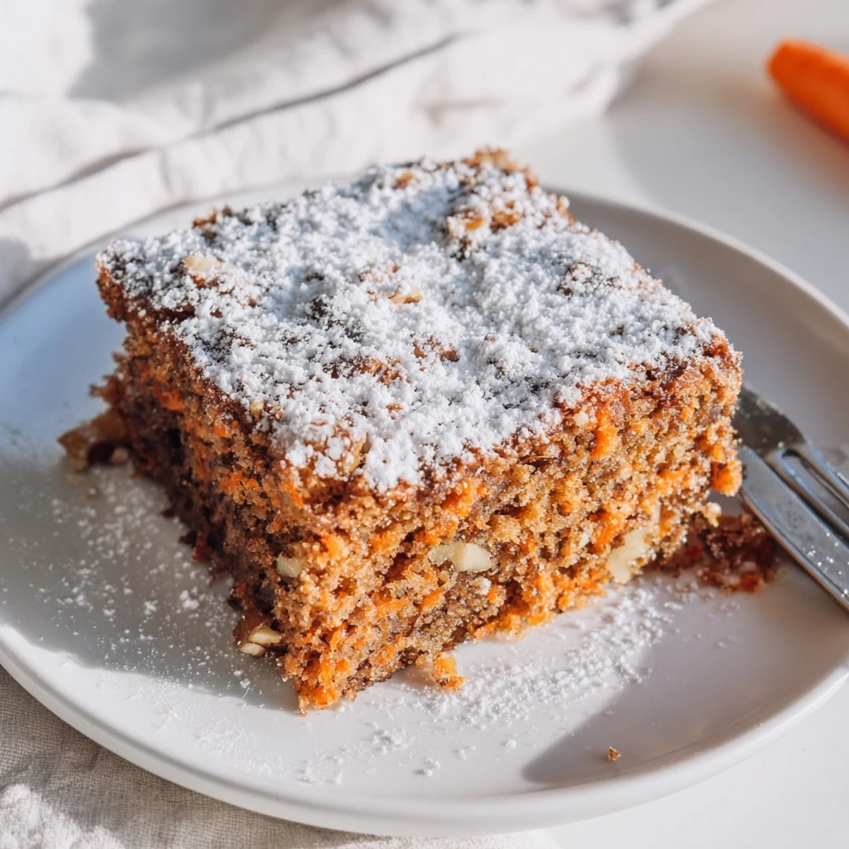 Healthy Greek yogurt carrot cake one bowl recipe showing a perfect slice with crumb texture