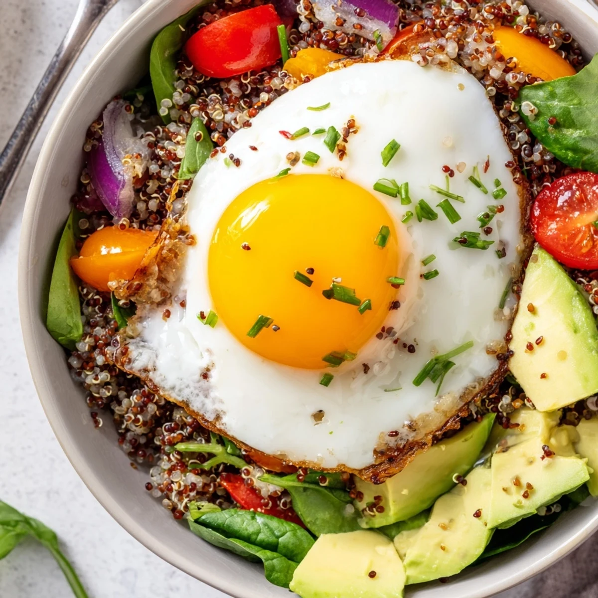 Golden fried egg atop fluffy savory quinoa breakfast bowl with colorful sautéed vegetables and fresh herbs