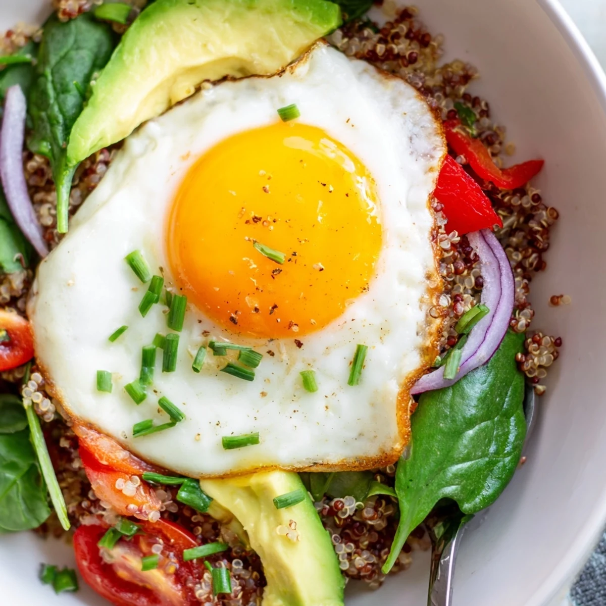 Protein-rich savory quinoa breakfast bowl served in white dish with vibrant bell peppers and creamy avocado slices