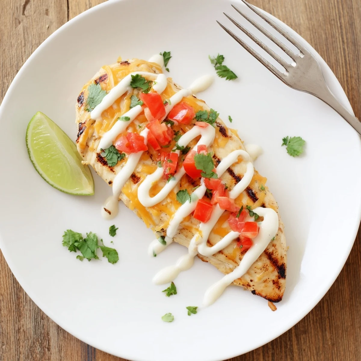 Golden Fiesta Lime Chicken topped with melted cheddar and drizzled with tangy cream sauce