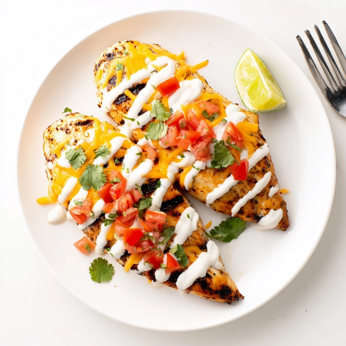 Grilled chicken breasts marinated in zesty lime spices and topped with fresh pico de gallo