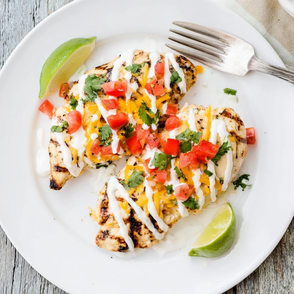 Juicy Southwestern Fiesta Lime Chicken served with creamy white sauce and lime wedges