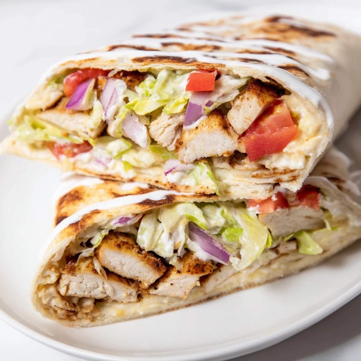 Golden brown cottage cheese flatbread wrapped around juicy spiced grilled chicken with fresh vegetables