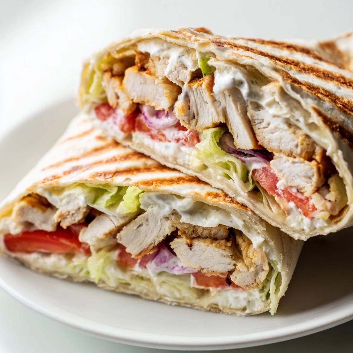 Protein-packed crispy flatbread chicken wrap filled with lettuce, tomatoes, and creamy Greek yogurt drizzle