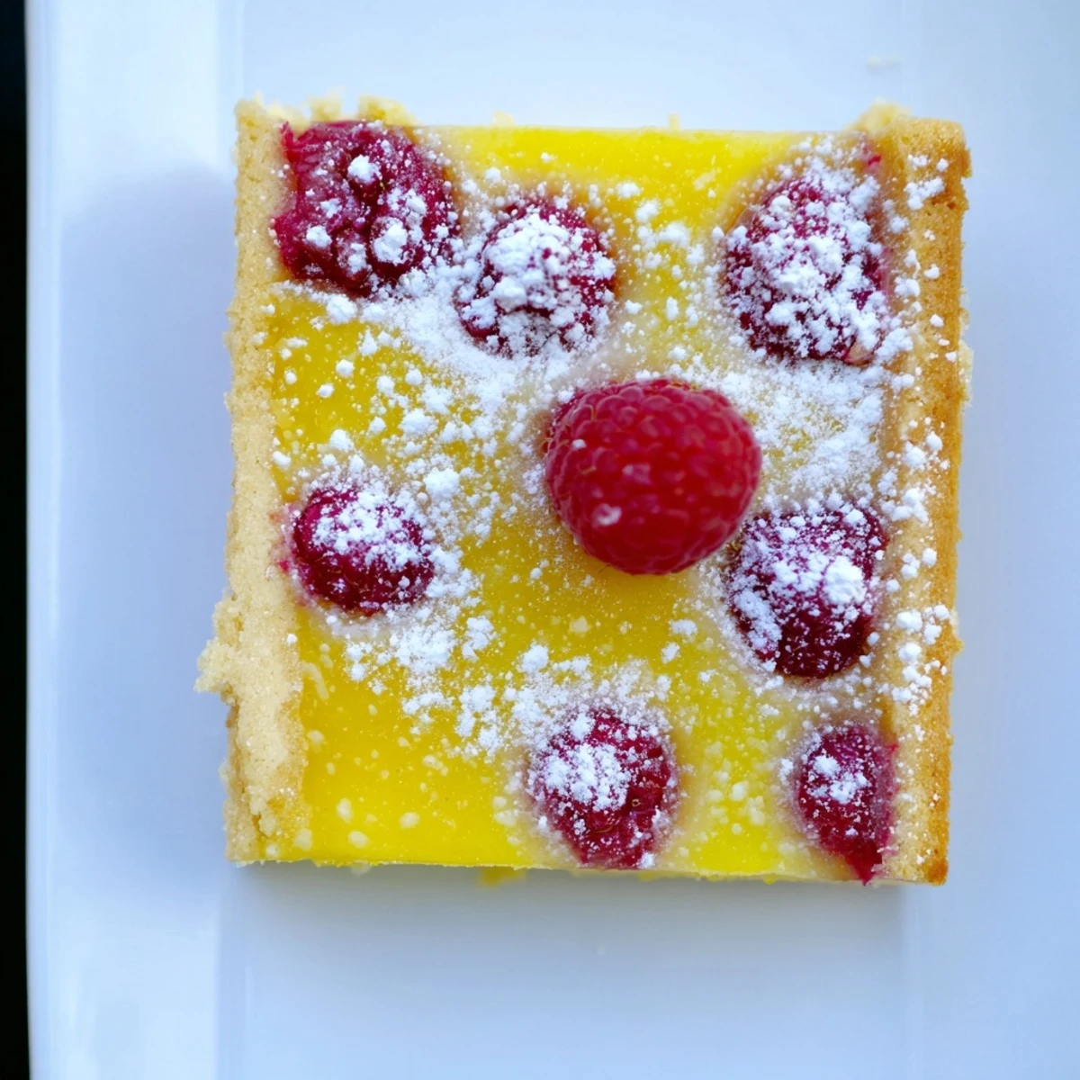 Golden lemon raspberry bars feature a buttery shortbread crust topped with vibrant red raspberry swirls