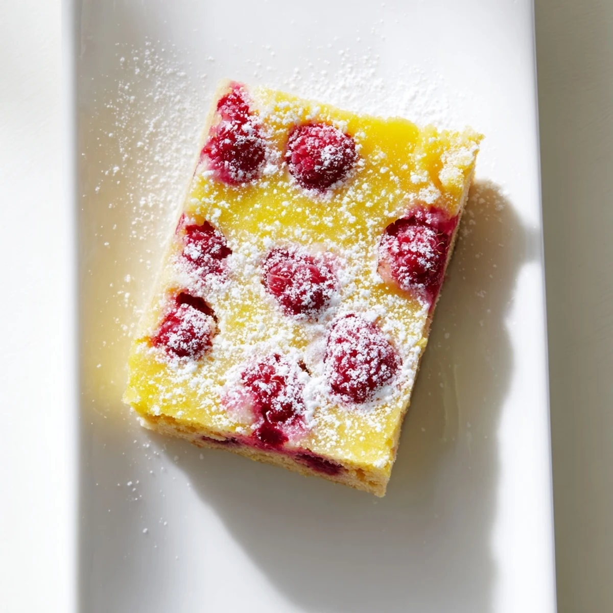Fresh baked lemon raspberry bars cut into squares with a dusting of white powdered sugar