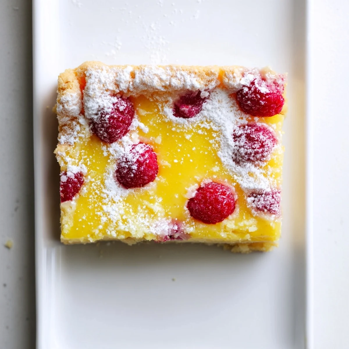 Tangy lemon raspberry bars display bright red berries nestled in a creamy yellow layer on shortbread