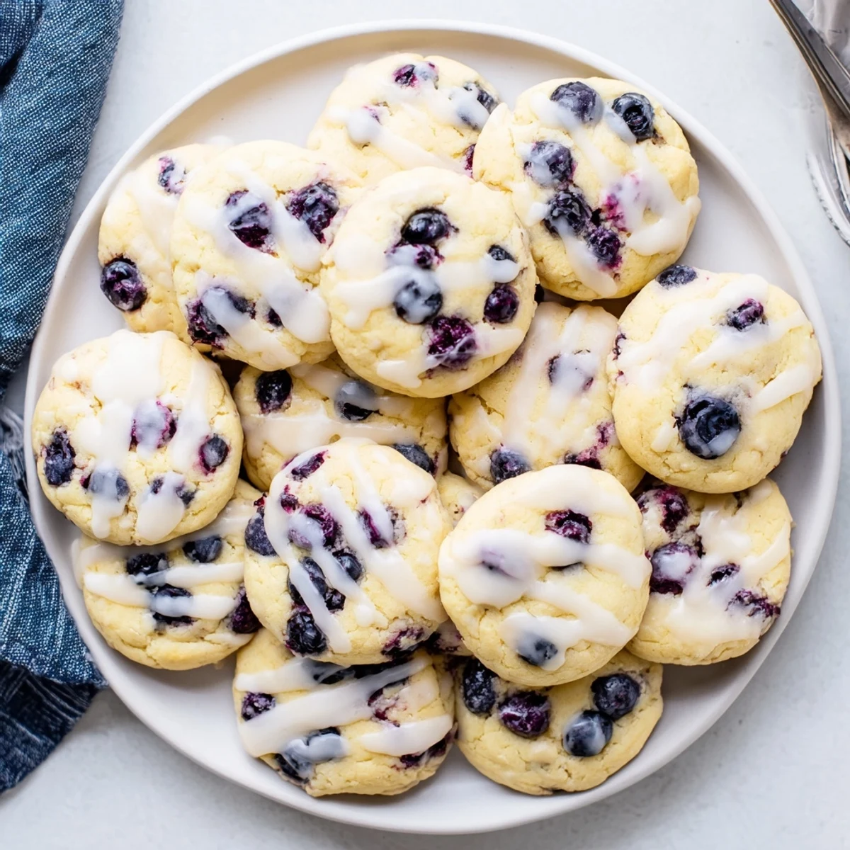 Golden baked lemon blueberry cheesecake cookies with creamy white centers and purple berry streaks on a white plate