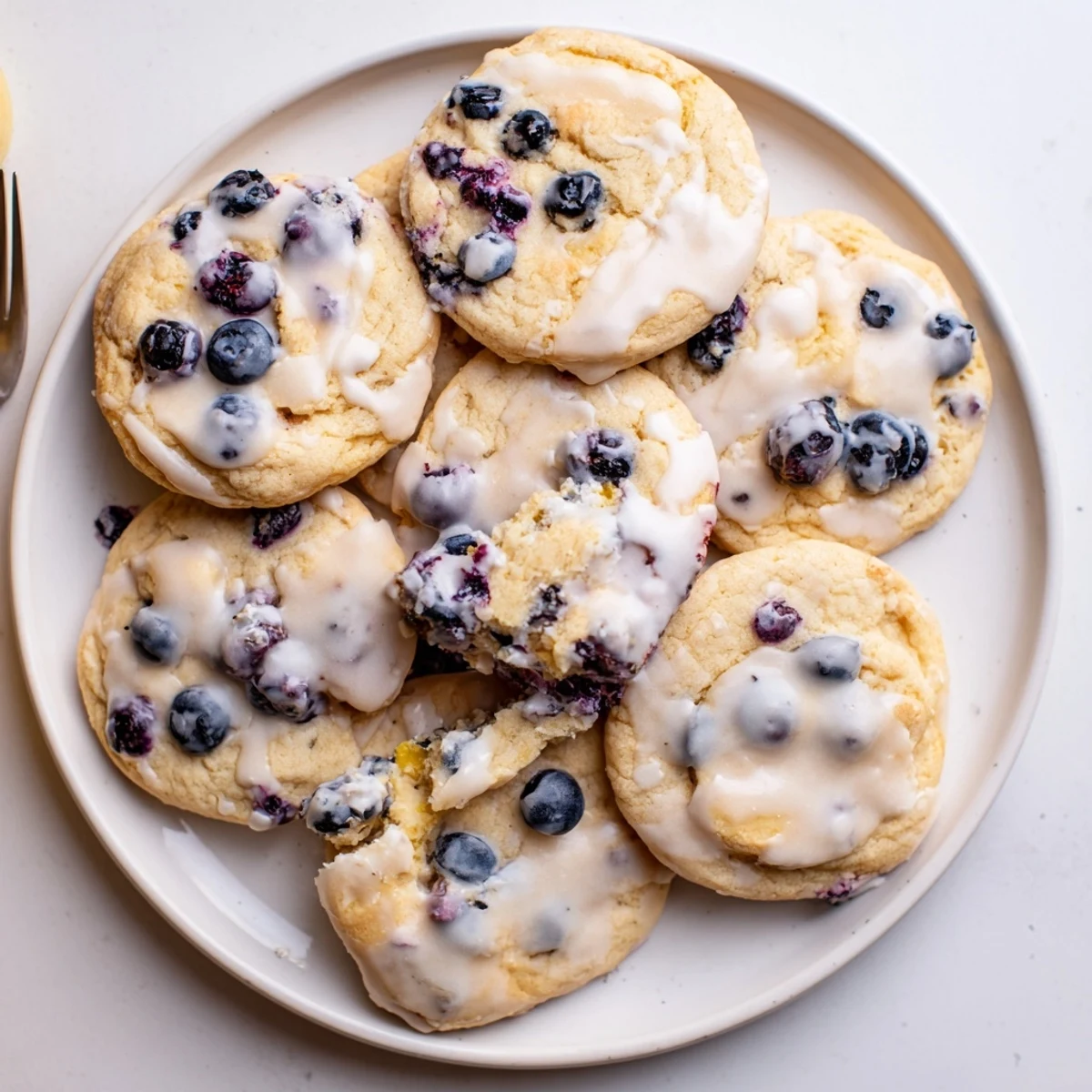 Soft lemon blueberry cheesecake cookies drizzled with white glaze and fresh berries on a wooden cutting board