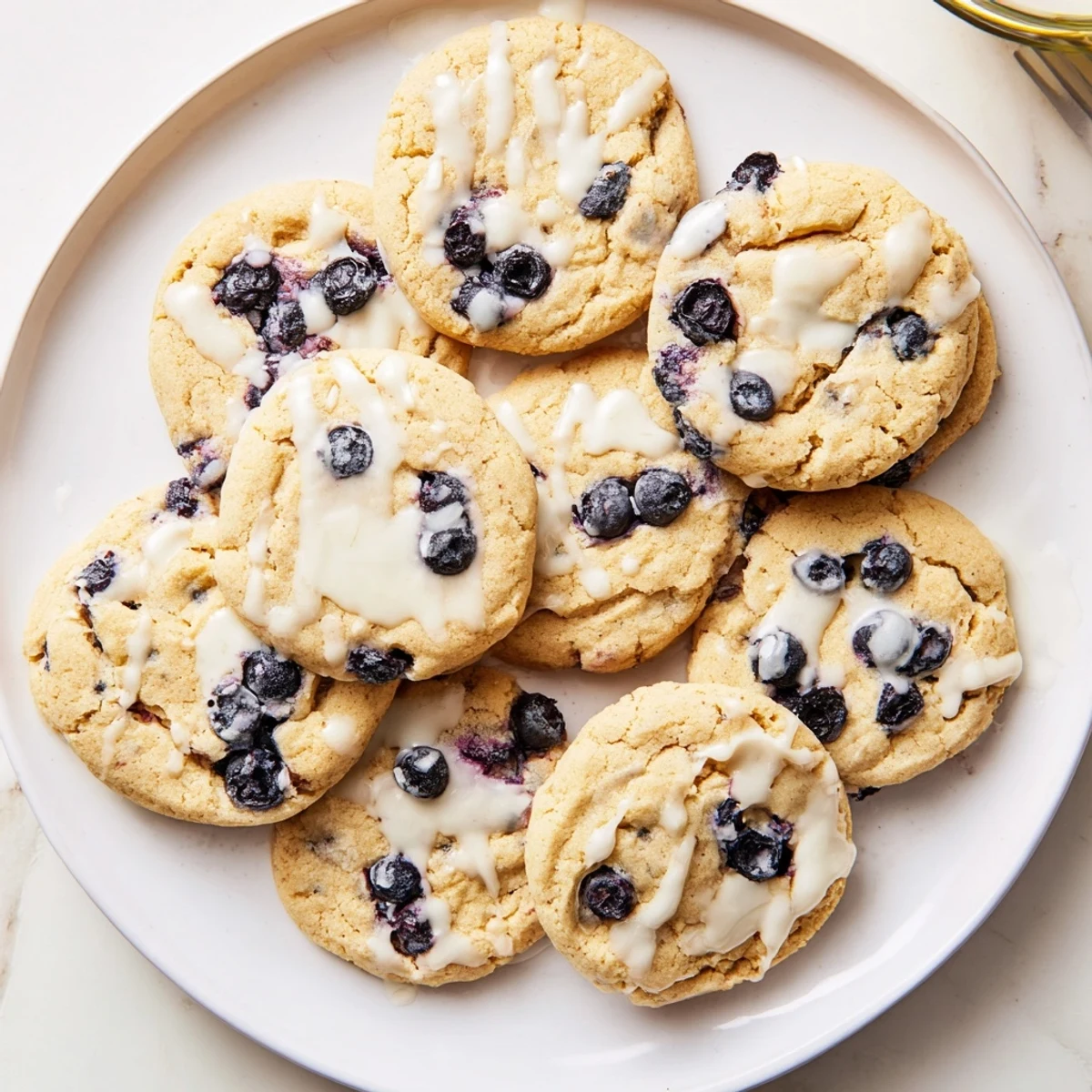 Stack of fluffy lemon blueberry cheesecake cookies oozing tangy cream cheese filling with zest garnish on marble surface