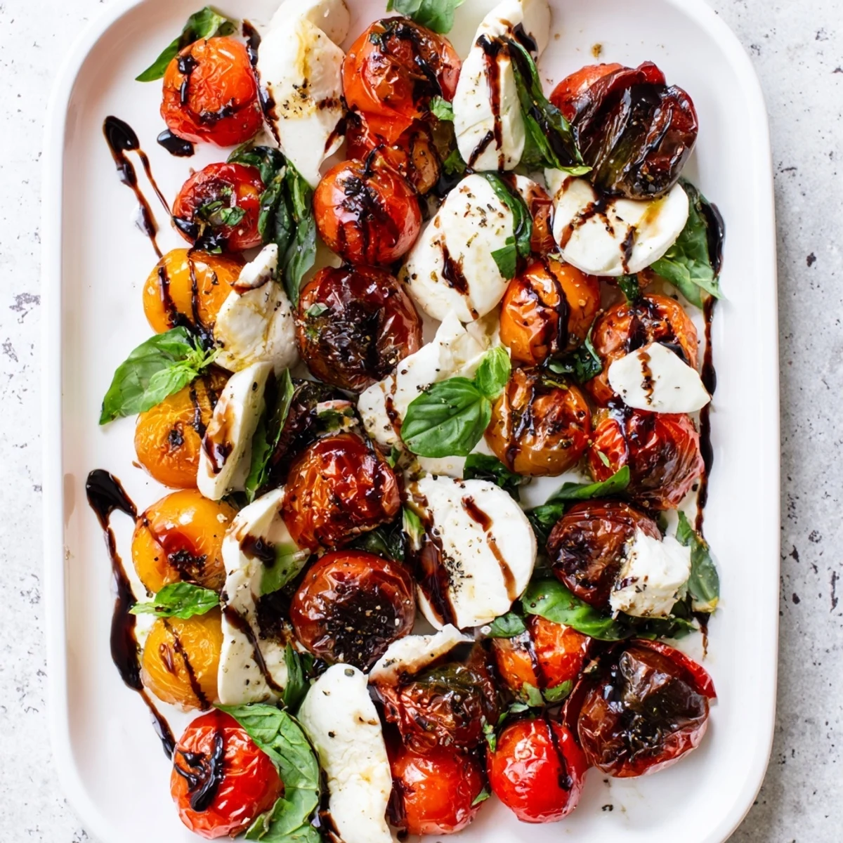 Golden roasted cherry tomatoes stacked with fresh mozzarella and basil drizzled with balsamic glaze in this roasted tomato Caprese salad