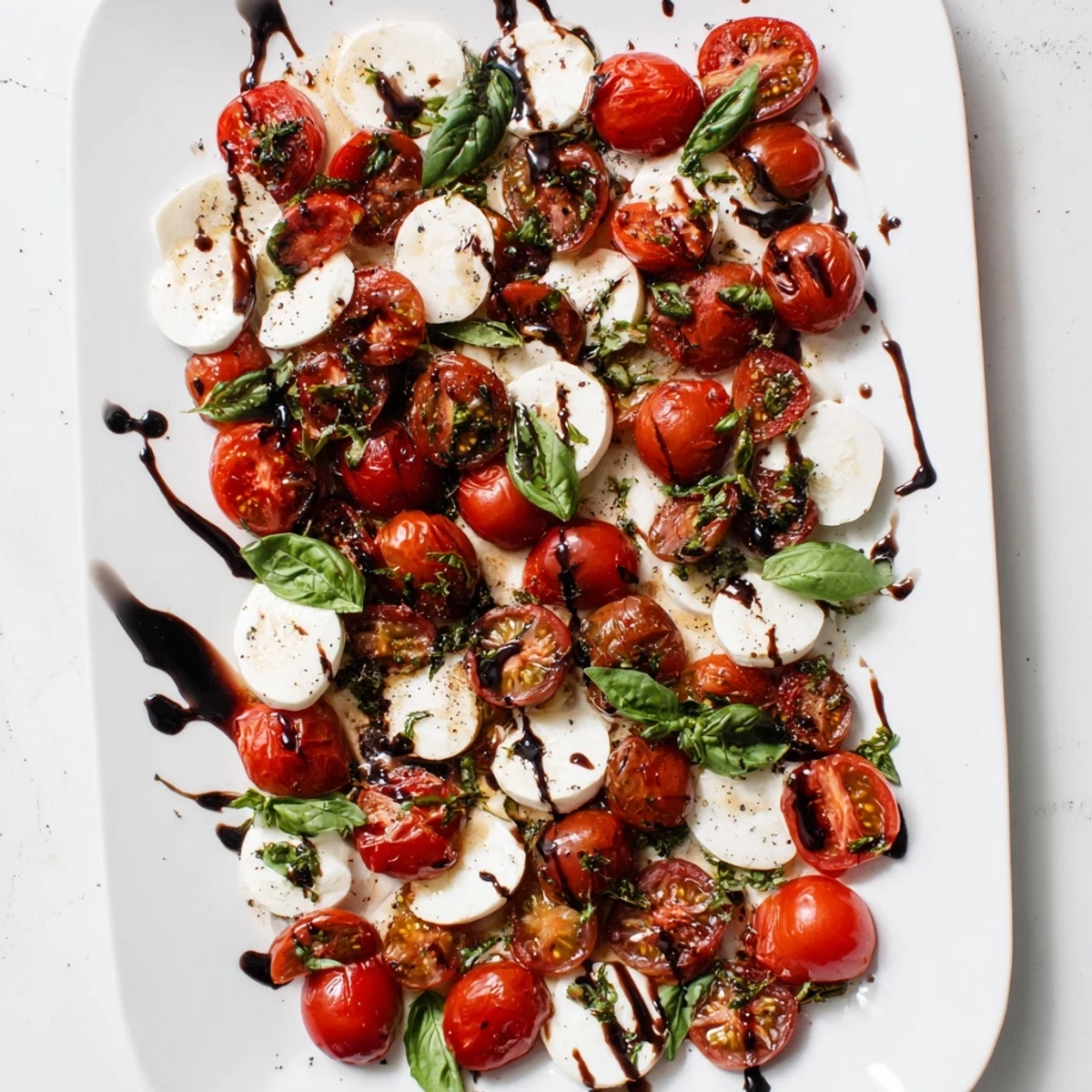 Colorful platter of caramelized tomatoes alternating with creamy mozzarella slices topped with fragrant basil for this vibrant roasted tomato Caprese salad