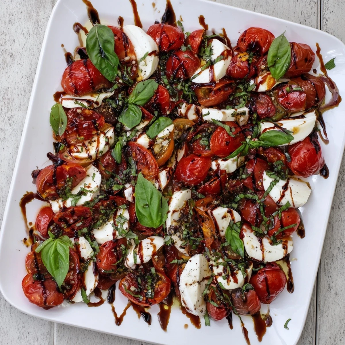 Rustic Italian salad featuring oven-roasted juicy tomatoes nestled beside fresh mozzarella and finished with balsamic reduction in this roasted tomato Caprese salad