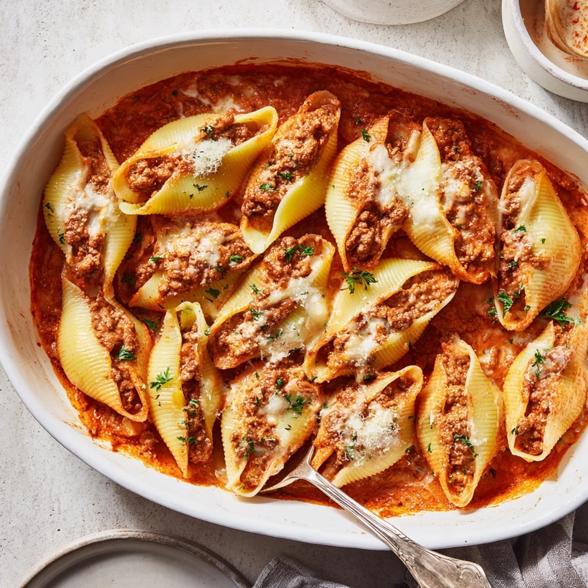 Golden baked jumbo pasta shells filled with savory beef and ricotta cheese