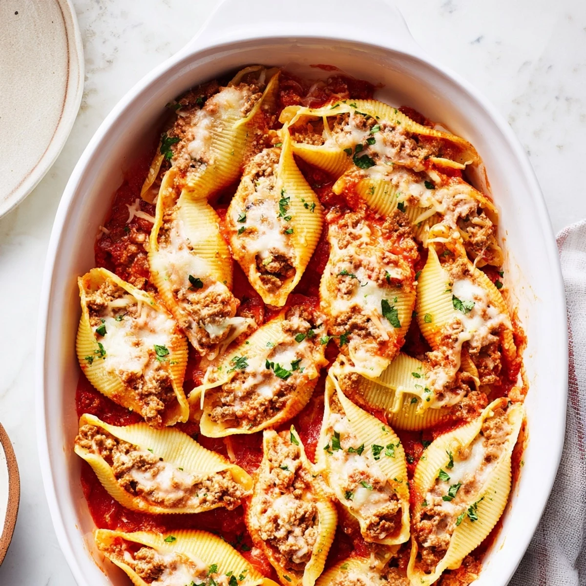 Creamy beef stuffed shells recipe bubbling with melted mozzarella and marinara