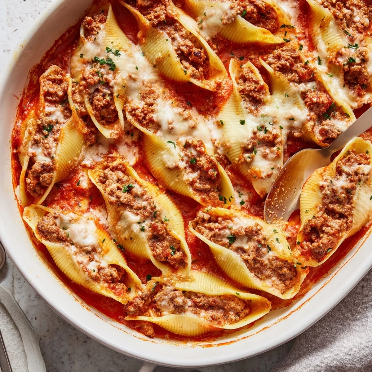 Oven-baked pasta shells topped with golden cheese and rich tomato sauce