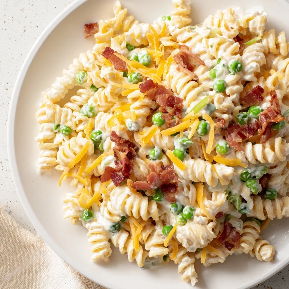 Cold pasta salad bowl loaded with smoky bacon, sharp cheddar, and green onions