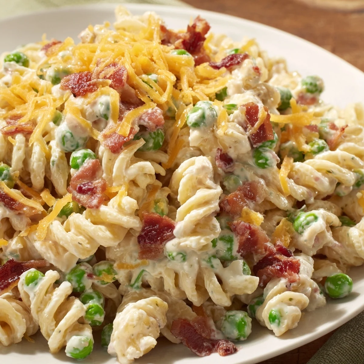 Heaping spoonful of addictive ranch pasta salad featuring peas and crumbled bacon bits