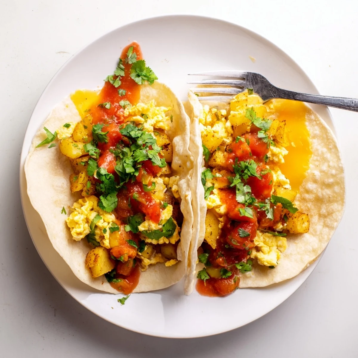 Golden potato egg cheese breakfast tacos loaded with fluffy scrambled eggs and melted cheddar in warm flour tortillas