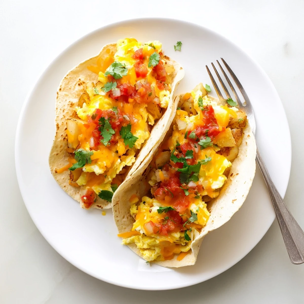 Hearty potato egg cheese breakfast tacos featuring crispy diced potatoes and savory eggs topped with fresh cilantro
