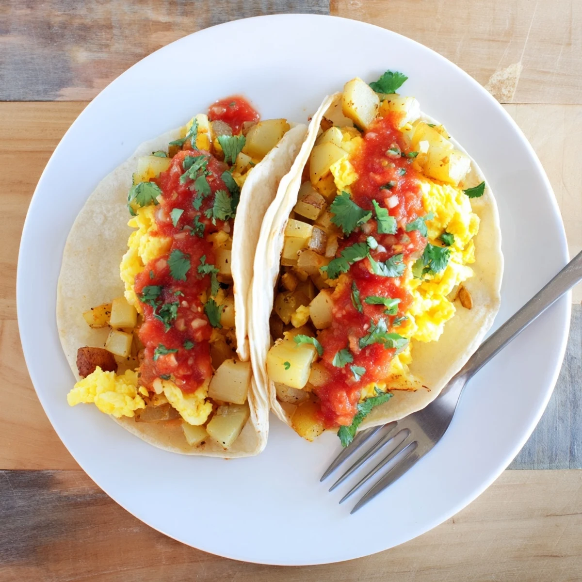 Savory potato egg cheese breakfast tacos stuffed with golden potatoes and fluffy scrambled eggs in soft warm tortillas