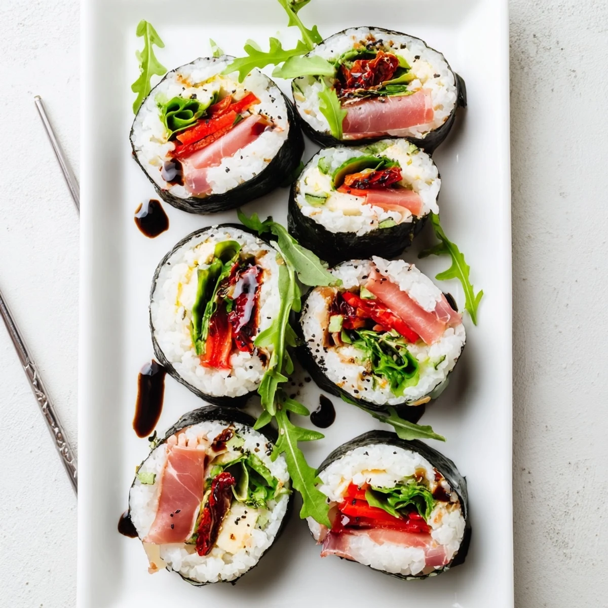 Colorful Italian sushi roll showcasing prosciutto, fresh mozzarella, and roasted peppers arranged on a white serving platter