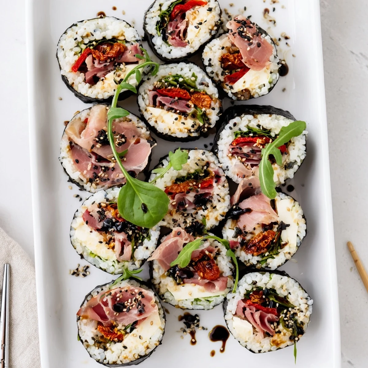 Creative fusion Italian sushi roll wrapped in nori with arugula, roasted bell peppers, and balsamic glaze drizzle