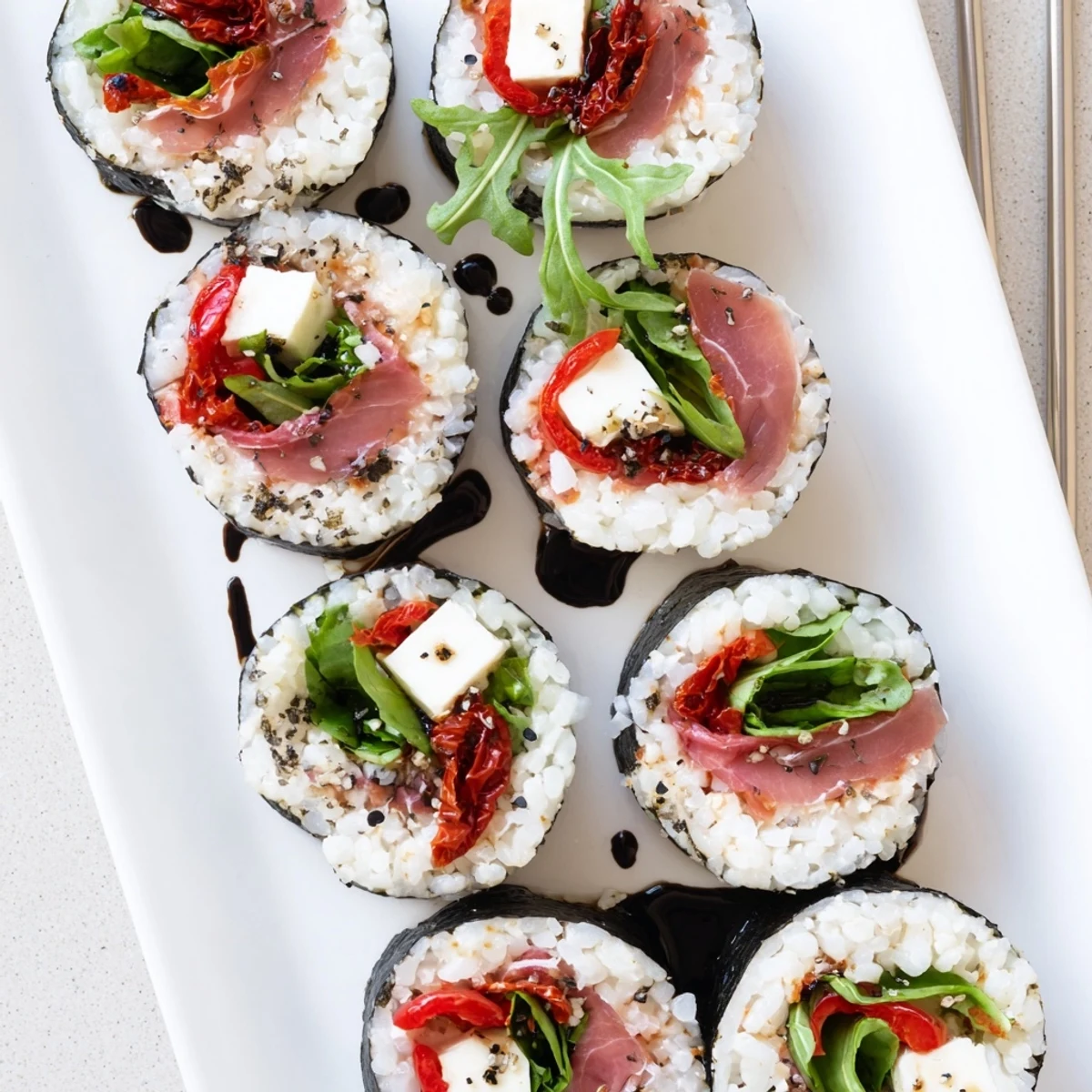 Close-up of sliced Italian sushi featuring vibrant sun-dried tomatoes, basil leaves, and melted mozzarella in sushi rice