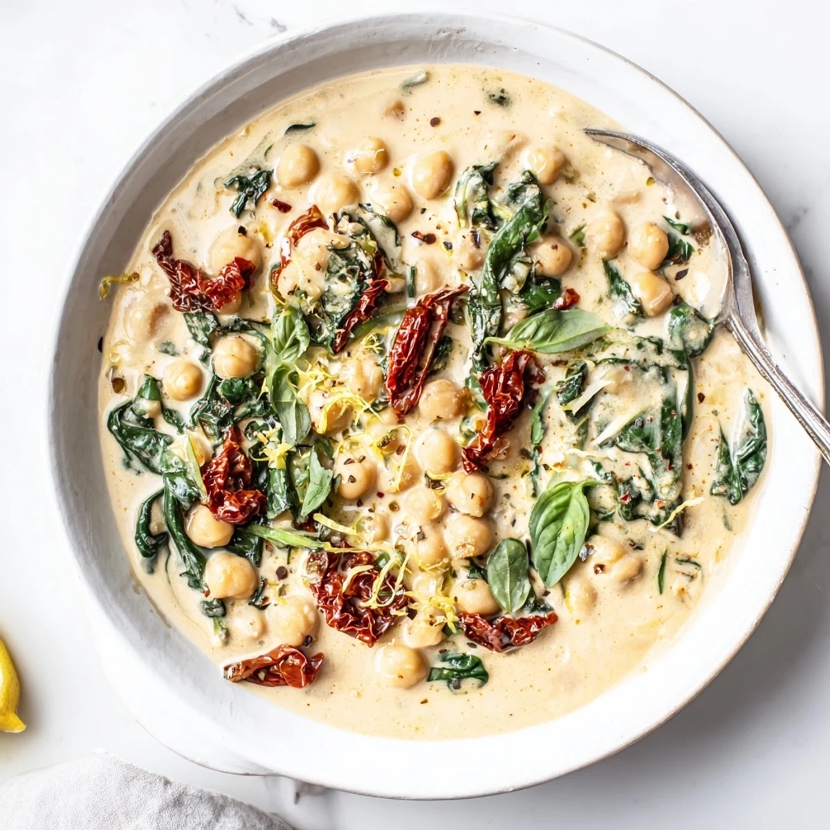 Creamy Marry Me Chickpeas served in a white bowl with fresh basil garnish