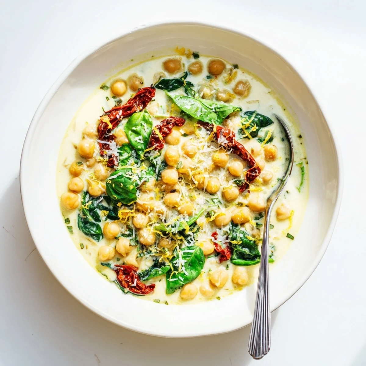 Golden chickpeas simmered in rich sun-dried tomato cream sauce with wilted spinach