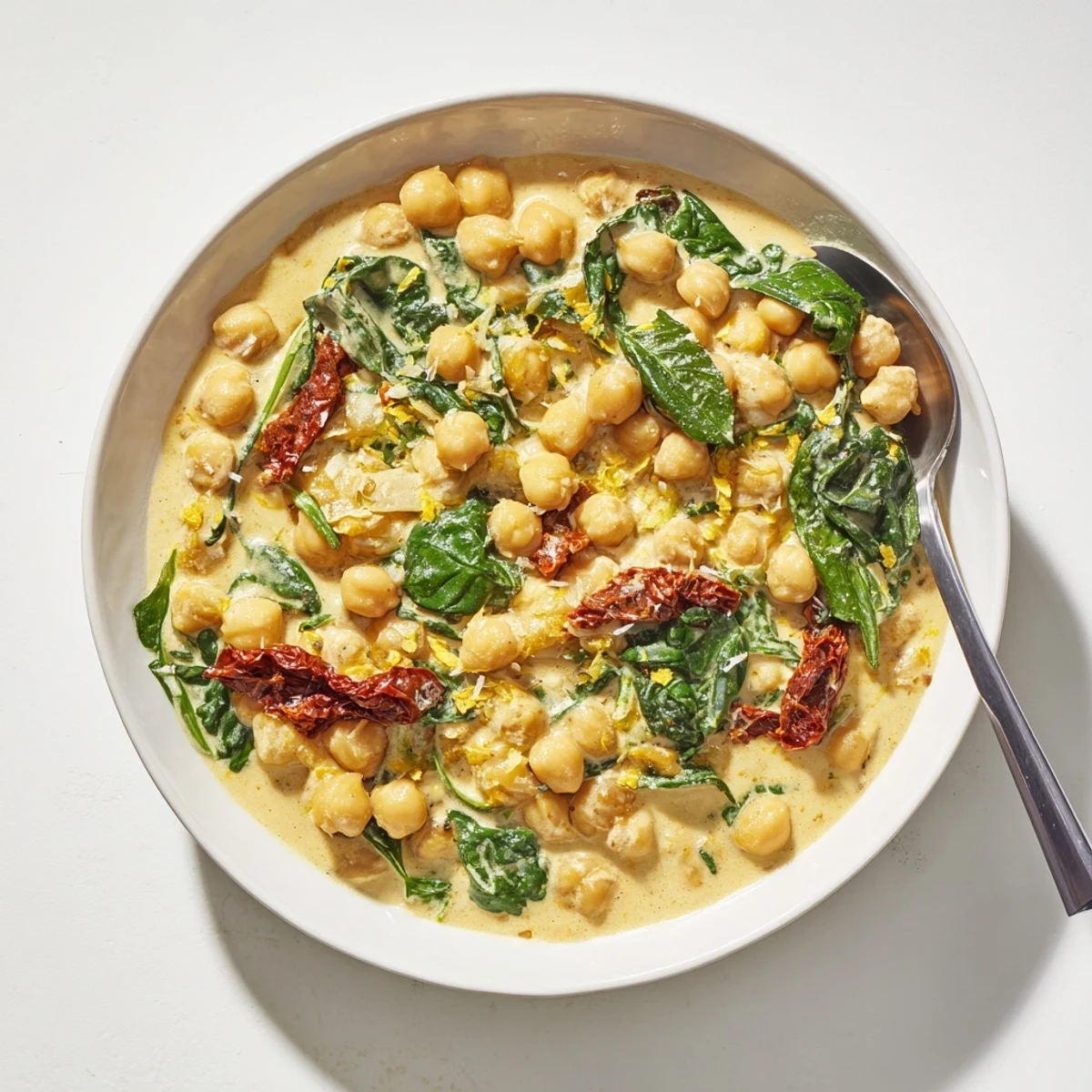 Hearty vegetarian Marry Me Chickpeas plated with crusty bread and lemon zest