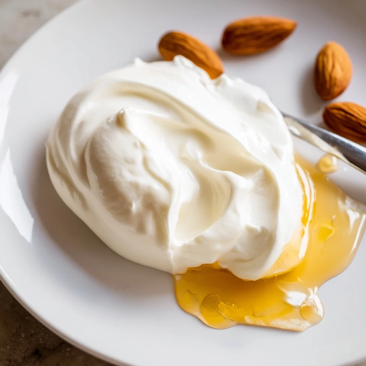 Rich strained Greek yogurt with a velvety smooth texture served in a glass jar with a wooden spoon