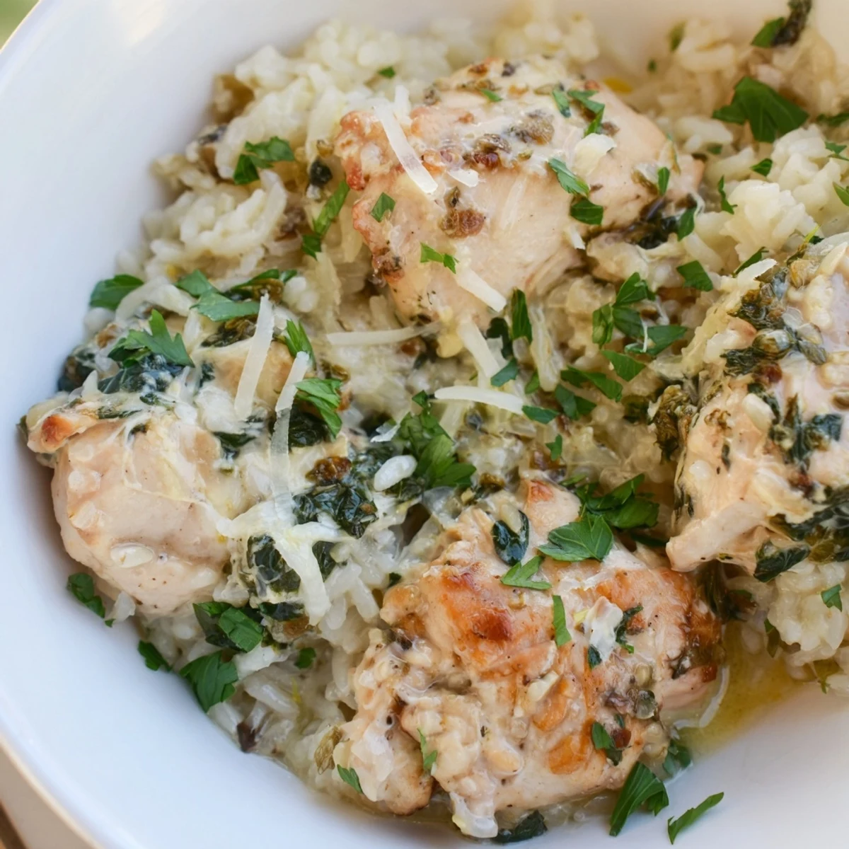 Golden baked one pot angel chicken rice dinner with juicy chicken breasts and creamy parmesan sauce