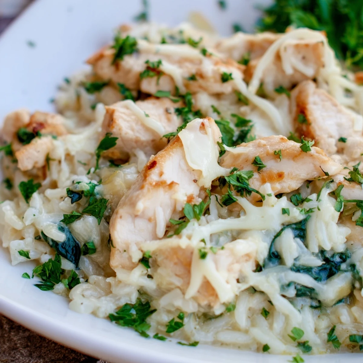 Creamy one pot chicken and rice dinner topped with fresh parsley garnish on white serving plate