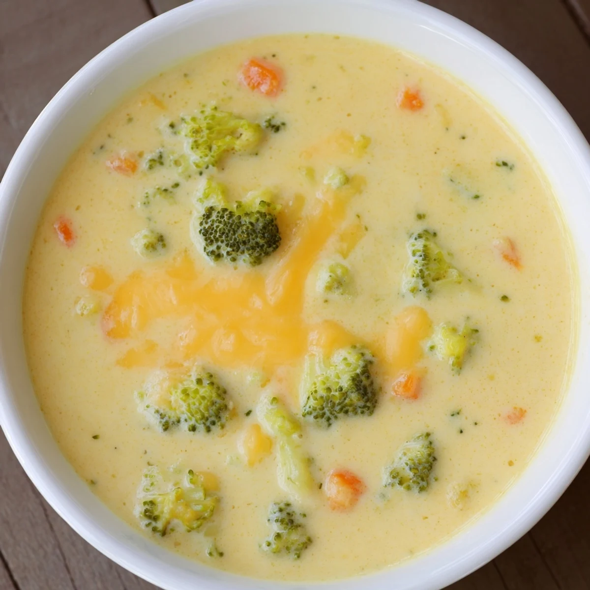 Creamy slow cooker broccoli cheddar soup in a white bowl garnished with shredded cheese and fresh chives