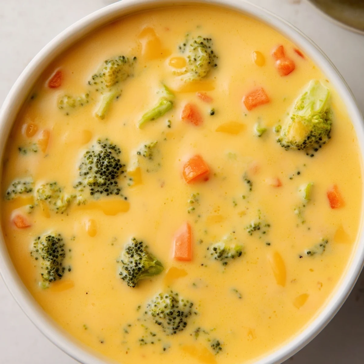 Steaming bowl of velvety broccoli cheddar soup served with crusty bread for dipping on a wooden table