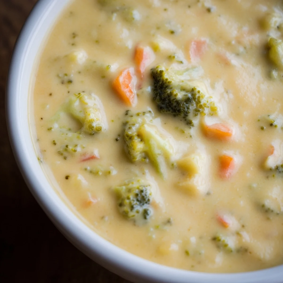 Spoon lifting rich slow cooker broccoli cheddar soup revealing tender broccoli florets in a creamy orange broth