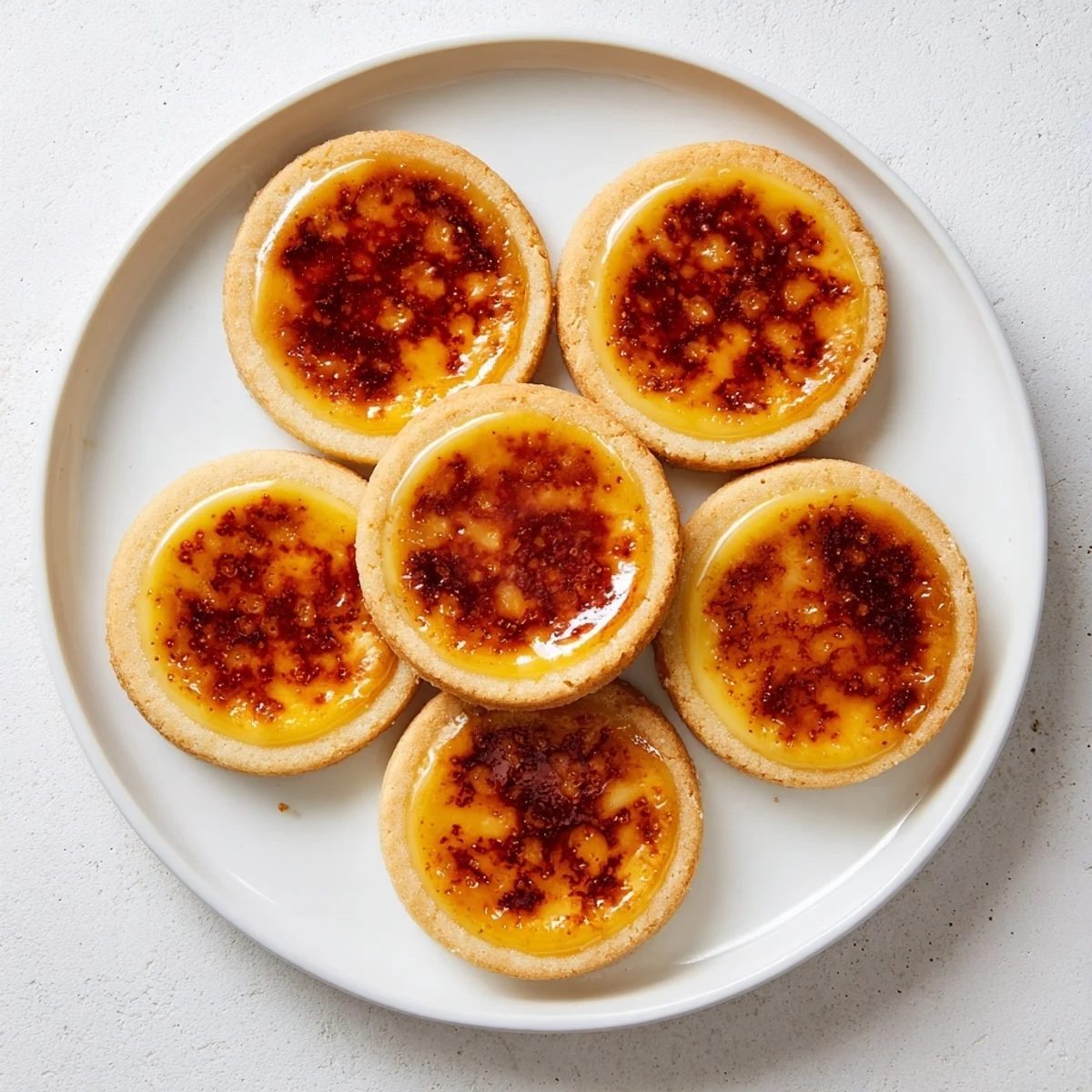 Buttery crème brûlée shortbread cookies with crackled sugar tops on rustic white parchment