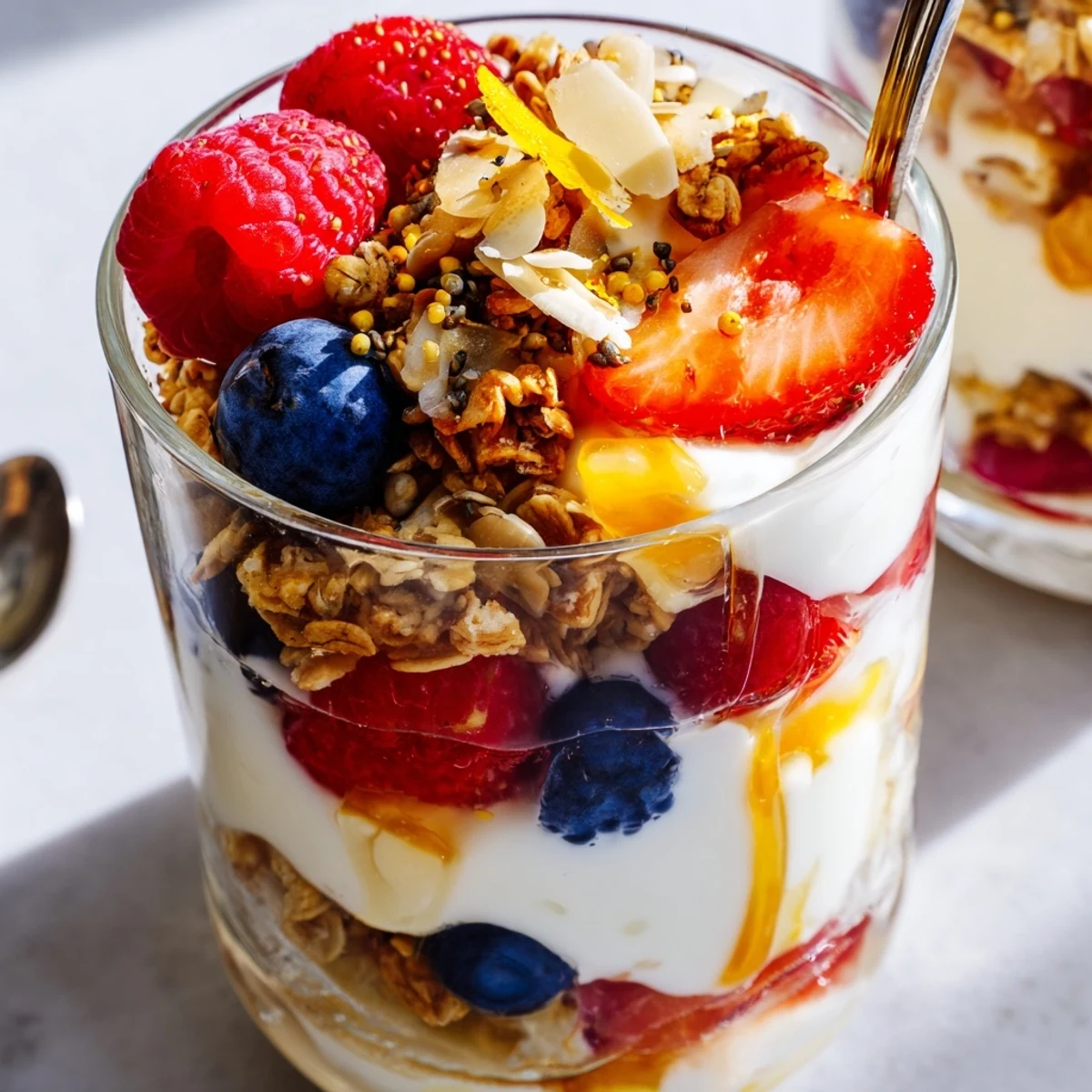 Creamy Greek yogurt parfait layered with fresh berries and crunchy granola in glass