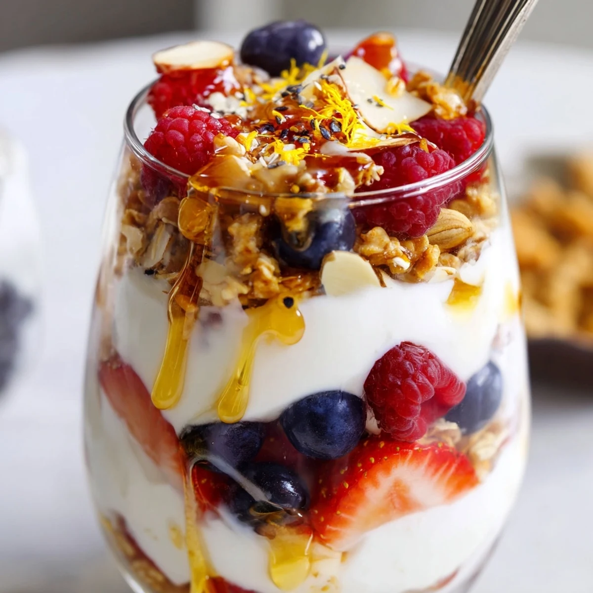 Greek yogurt parfait topped with vibrant mixed berries and golden honey drizzle