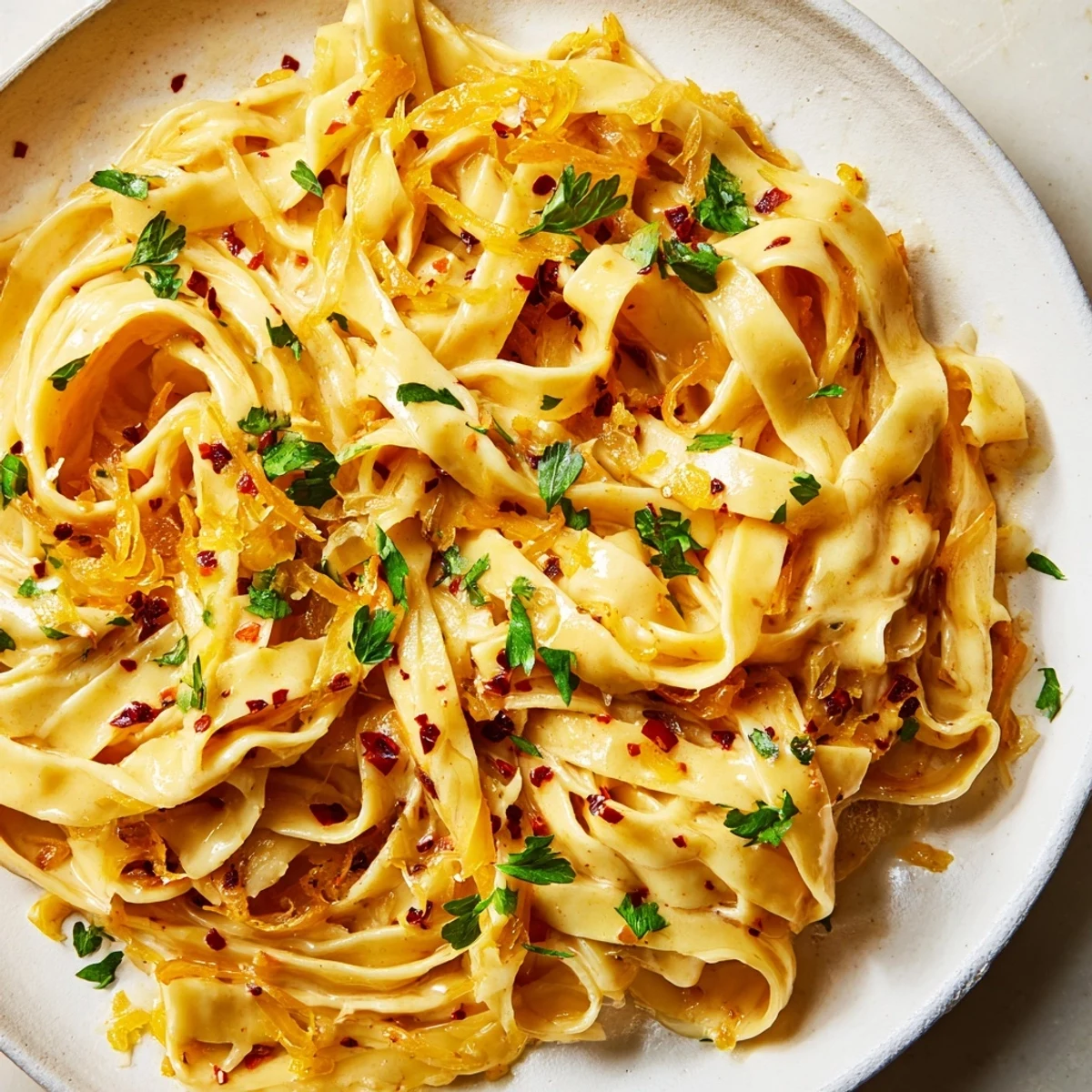 Creamy Sweet Heat Caramelized Onion Fettuccine tossed with golden onions and fresh parsley garnish