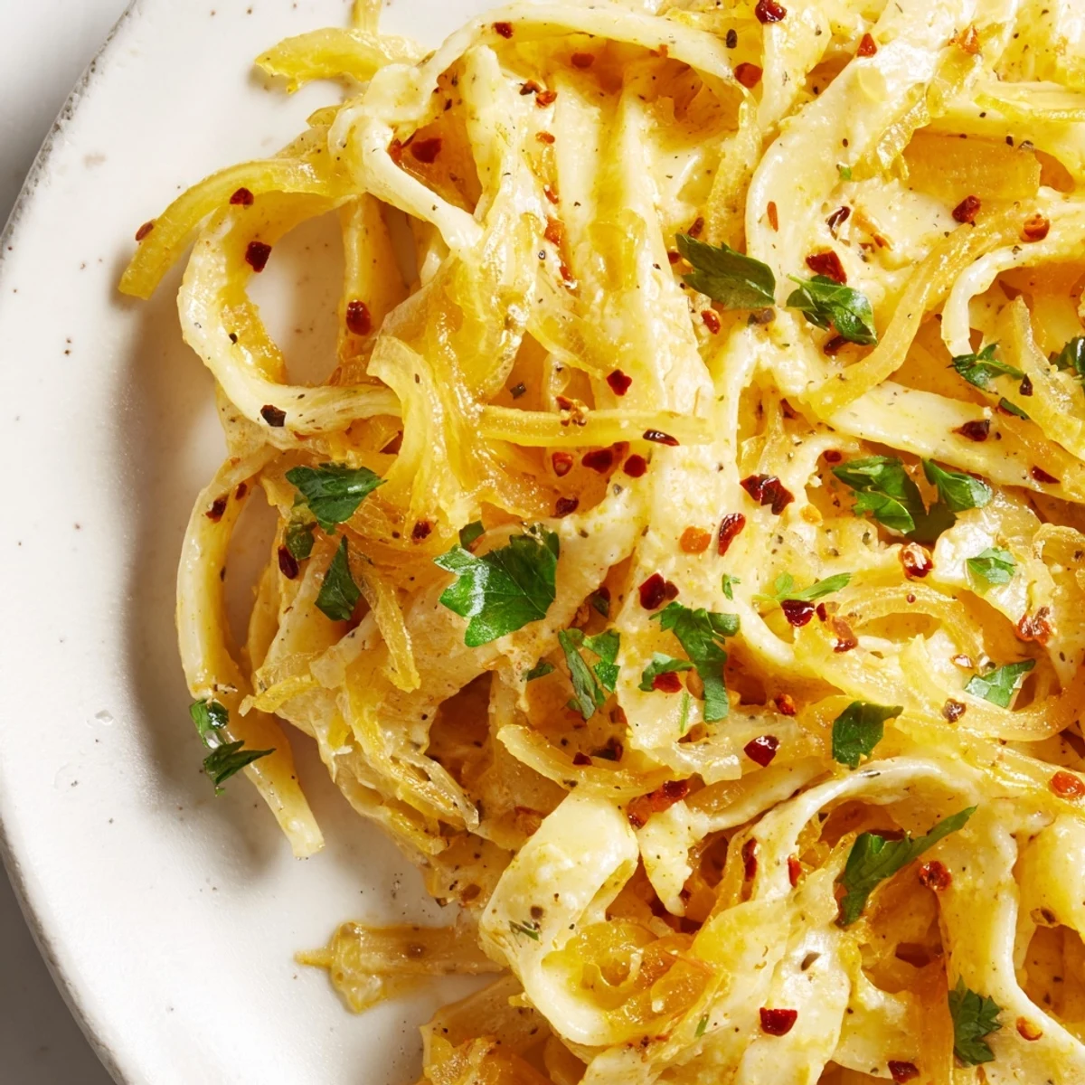 Sweet Heat Caramelized Onion Fettuccine in silky cream sauce topped with red chili pepper flakes