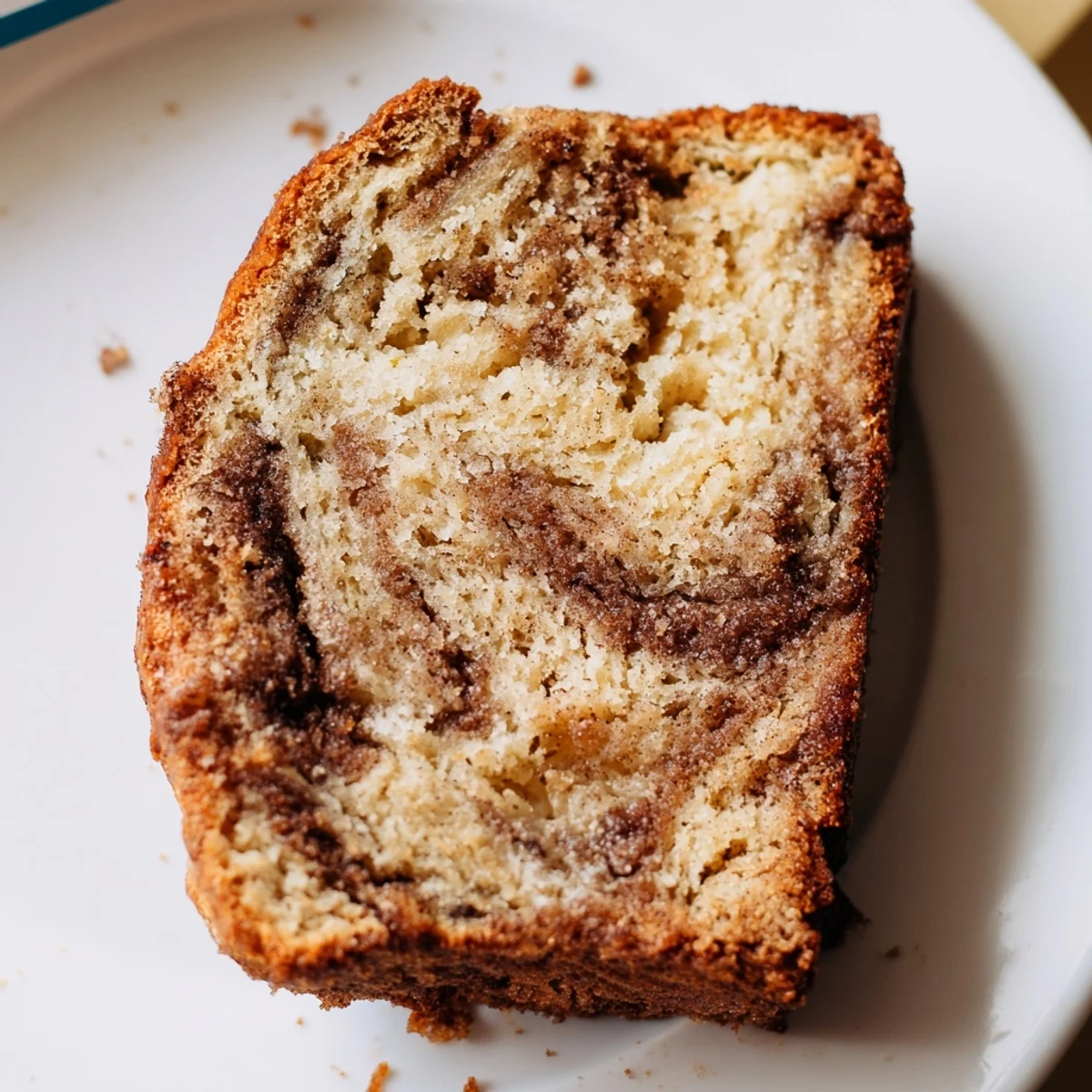 Cinnamon Sugar Swirl Banana Bread with golden marbled top sliced on wooden cutting board