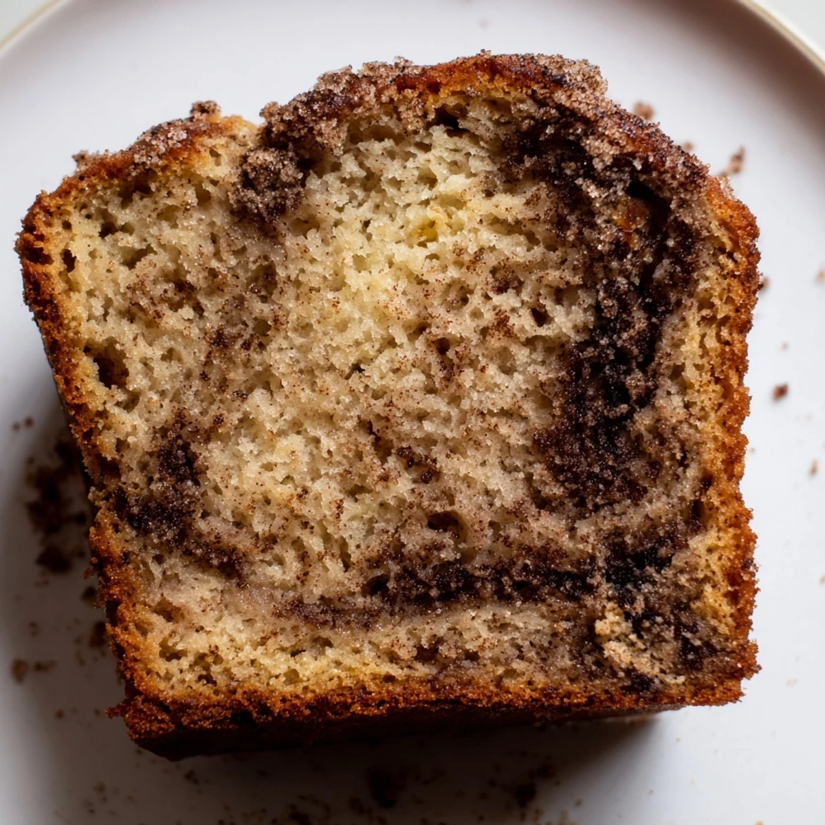 Moist Cinnamon Sugar Swirl Banana Bread loaf showing ribbon of spiced sweetness inside