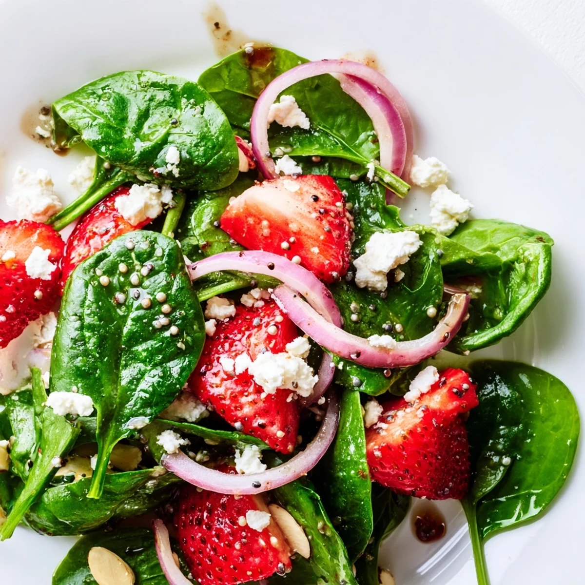 Fresh strawberry spinach salad topped with crumbled feta cheese and toasted sliced almonds