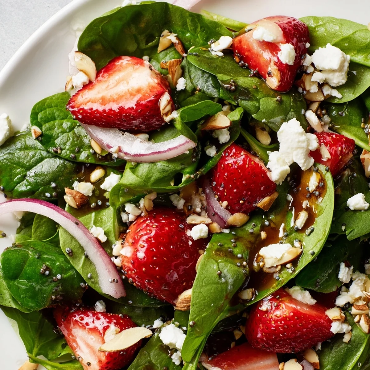 Bright strawberry spinach salad with balsamic poppy seed dressing drizzled over crisp greens
