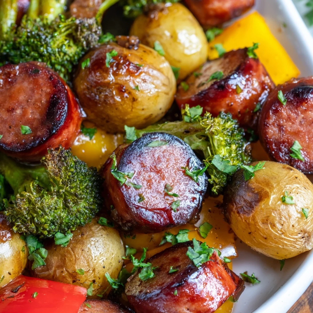 One Pan Honey Garlic Kielbasa Veggies arranged on a sheet pan with caramelized glazed sausage and tender roasted vegetables