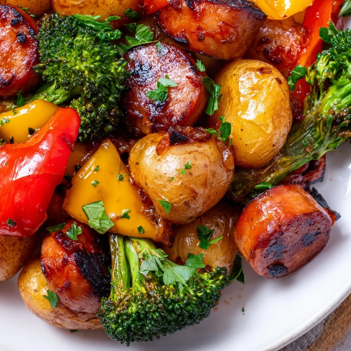 Glossy honey garlic glaze coats sliced kielbasa and colorful crisp-tender vegetables roasted until perfectly golden brown